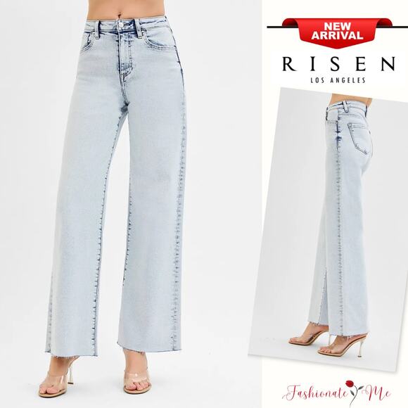 RISEN High Rise Waist Raw Hem Detail Stretch Light Washed Wide Leg Denim Jeans - Picture 1 of 6